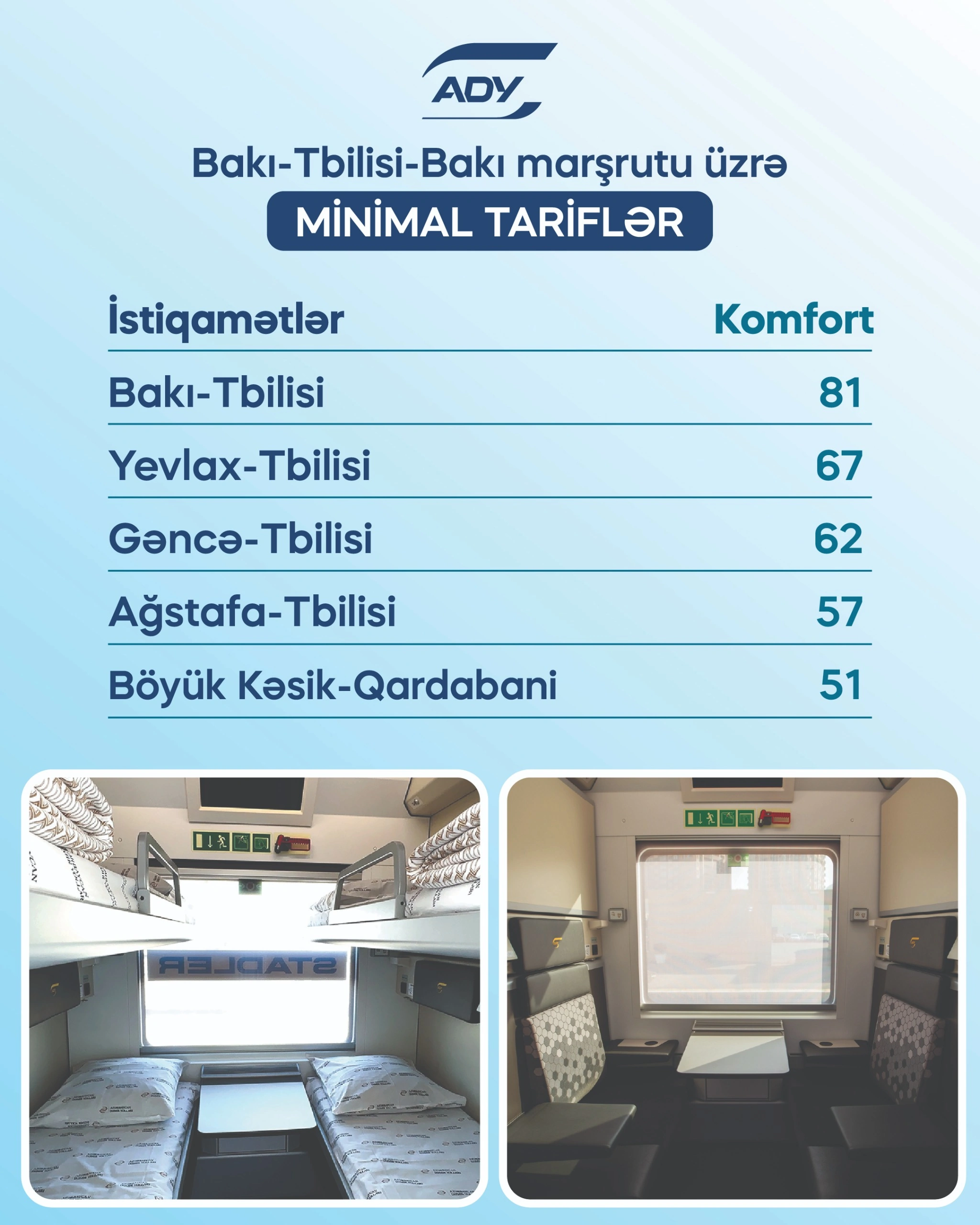 Tbilisiyə lüks vaqonda getmək 180 AZN-dir - Bütün qiymətlər açıqlandı