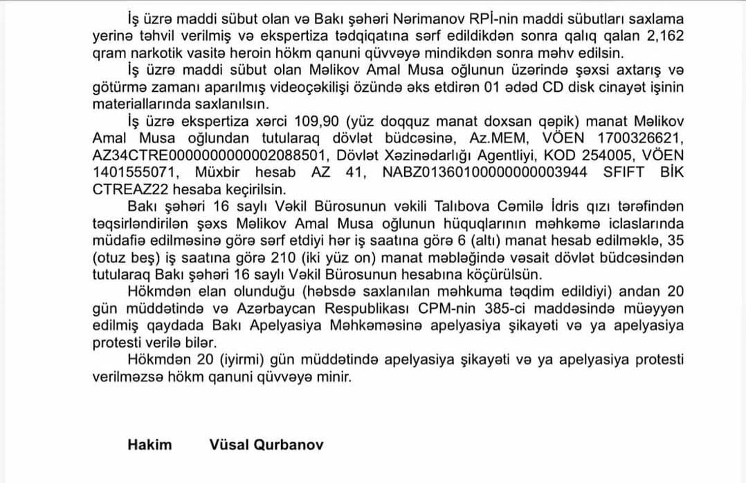 "Arzum"un işi ilə bağlı yeni iddia: Amal Məlikov xuliqanlıq və narkotik işi üzrə məhkum olunub... - (Fotolar)