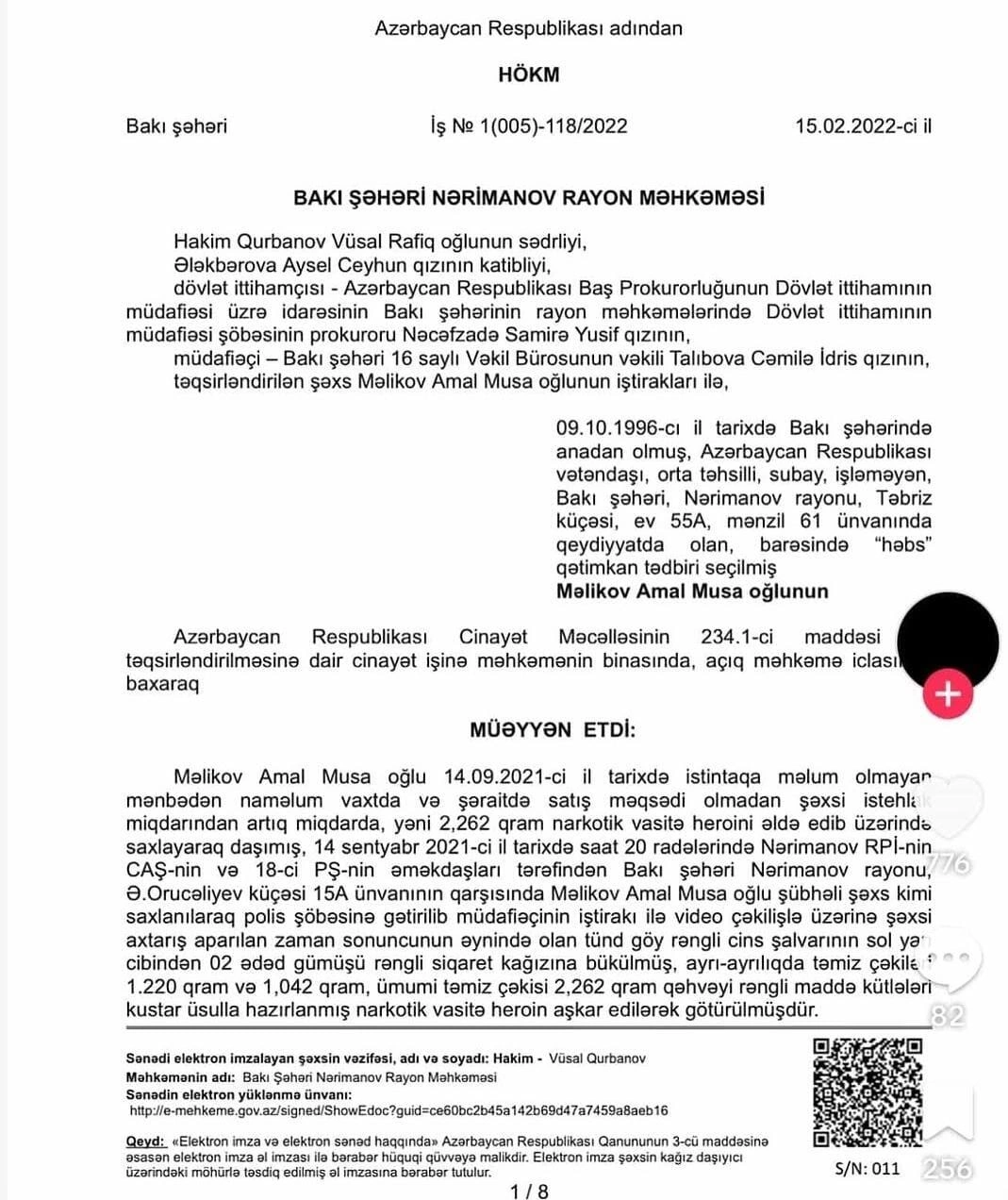 "Arzum"un işi ilə bağlı yeni iddia: Amal Məlikov xuliqanlıq və narkotik işi üzrə məhkum olunub... - (Fotolar)